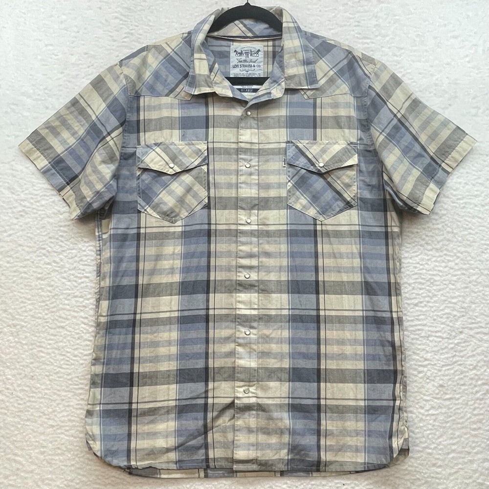 Levis Strauss Shirt Mens Extra Large Blue Pearl Snap Western Plaid Cowboy Retro